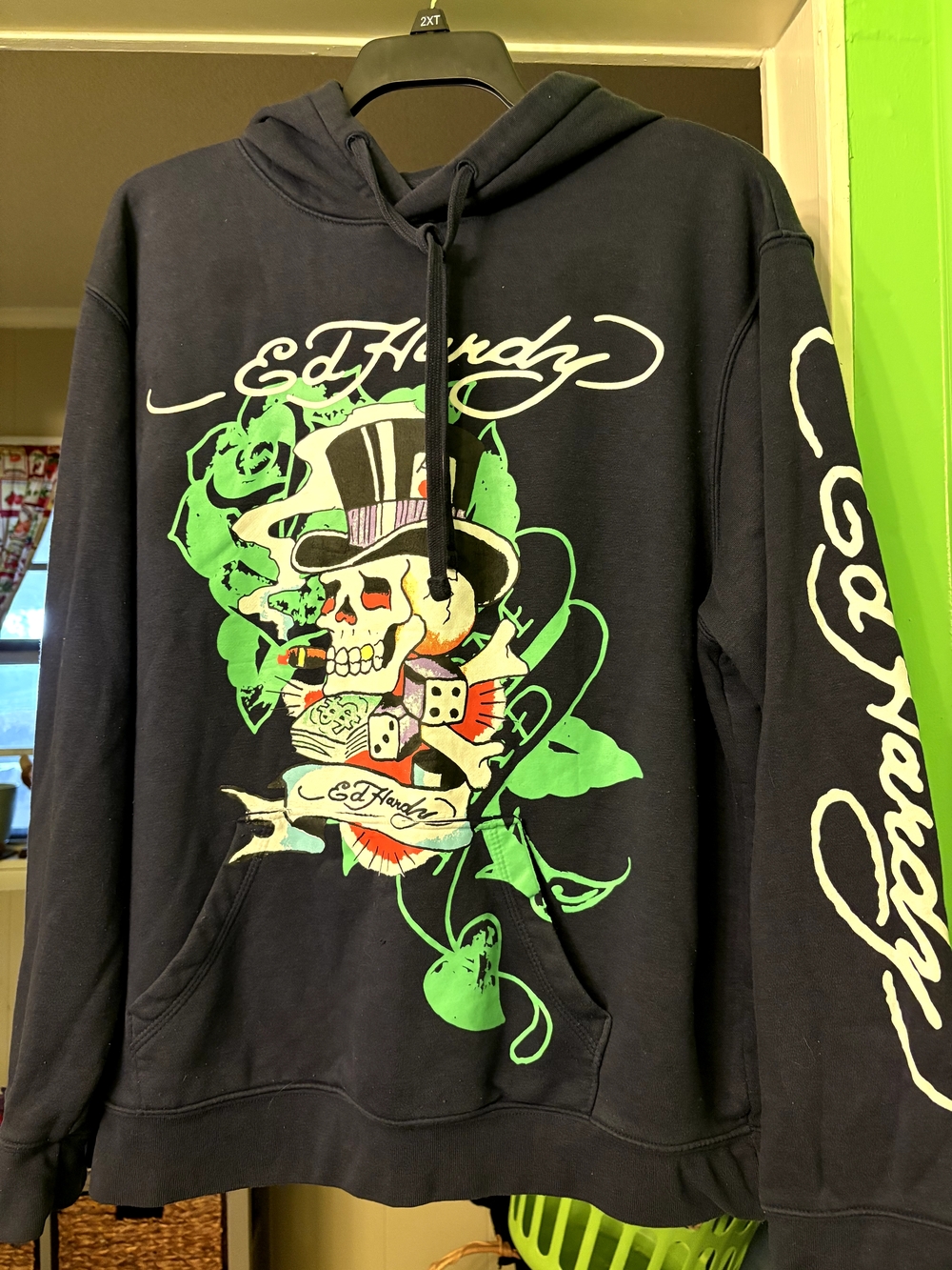 Ed Hardy Black Hoodie with Green and White Skull Graphic